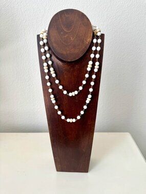 St John Knit Beaded Luxury Designer Long Necklace White Gold Beige
